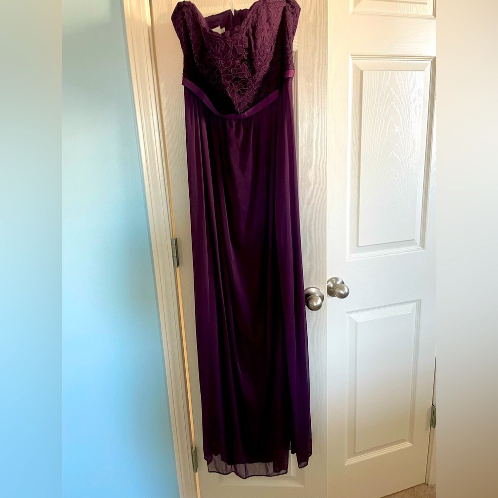 Plum strapless, full length bridesmaid dress. Size 12.